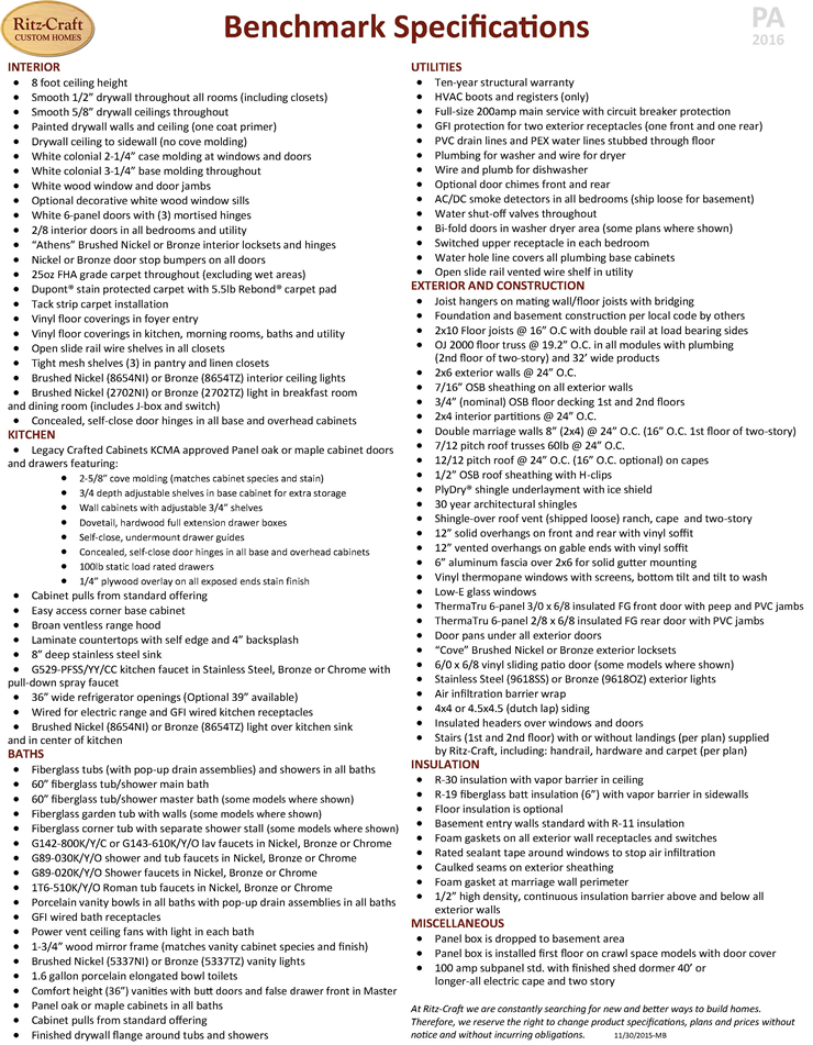 Professional Homes Standard Building Specs